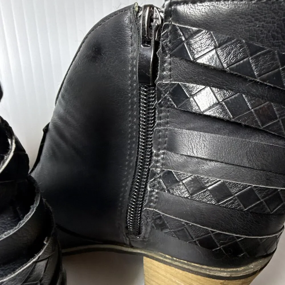 Black Faux Leather Ankle Bootie Almond Toe Side Zip Buckle Strap Women's 8.5 - Picture 3 of 8